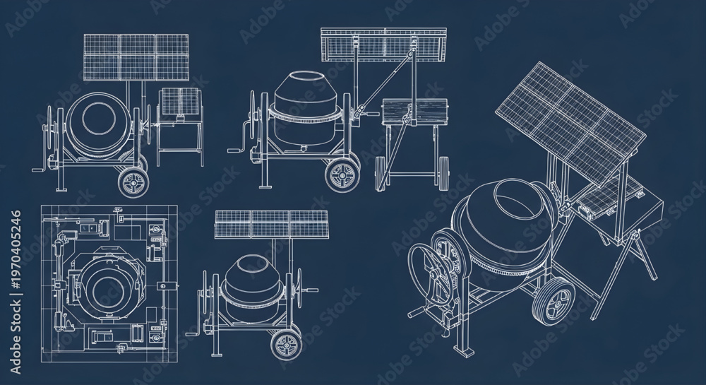 Fototapeta premium Solar Hand Concrete Mixer AutoCAD Blueprint Vector – Green Energy Portable Cement Machine Multi View Technical Drawing White Outline on Dark Blue