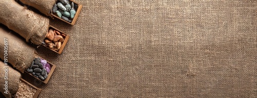 Wide Shot Flat Lay Burlap Texture Seeds Packets Markers Negative