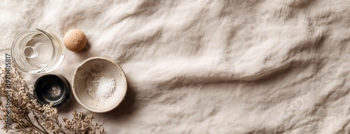 Empty Flat Lay Linen Cloth Glass Mister Small Pots Far Left