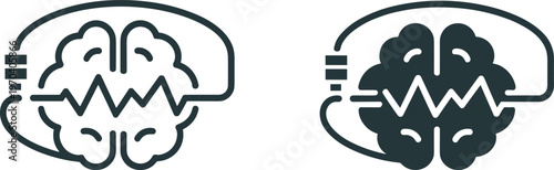 Brain monitoring icon set, neuroscience brainwave signal symbol, neurotechnology medical analysis concept, brain activity vector illustration isolated