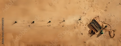 Empty Flat Lay Sand Surface Garden Markers Coil Wire Far Right