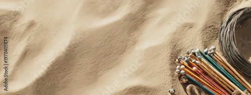 Wide Shot Flat Lay Sand Surface Garden Markers Coil Wire Negative