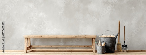 Empty Flat Lay Wooden Potting Bench Metal Bucket Rake Far Right