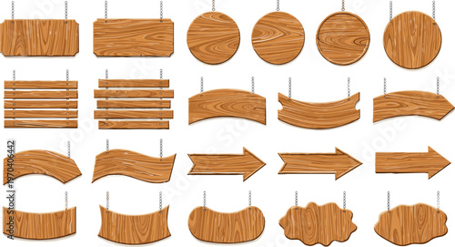 Wooden Sign Icon Set with Various Shapes and Designs for Direction, Label, and Decoration Illustrations