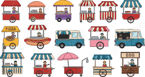 Collection of Various Street Food Carts, Food Trucks, and Stalls for Sale or Event