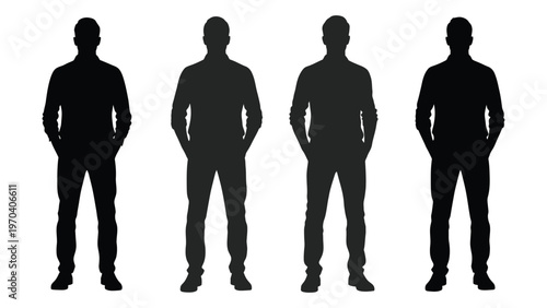 Four silhouettes of men standing with hands in pockets against a white background