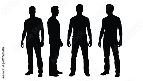 Four male silhouettes stand in a row displaying various poses and body types
