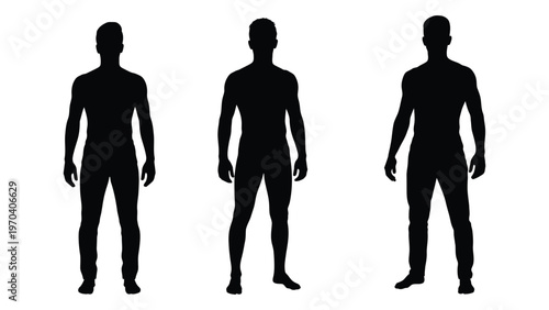 Three silhouetted figures of men standing in a row facing forward