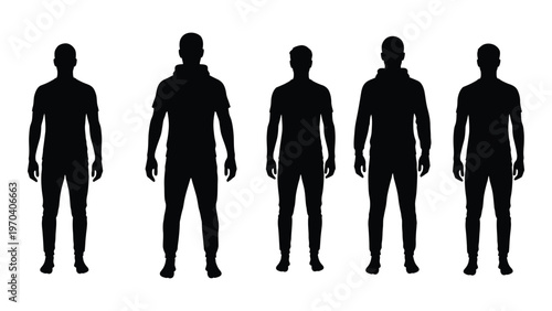 Five male silhouettes stand in a row viewed from the front against a white background