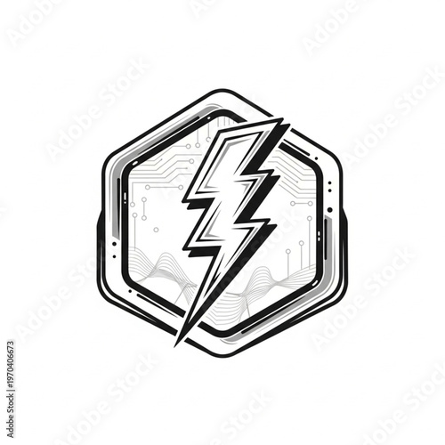 Stylized Lightning Bolt Inside Hexagon with Circuit Board Pattern.