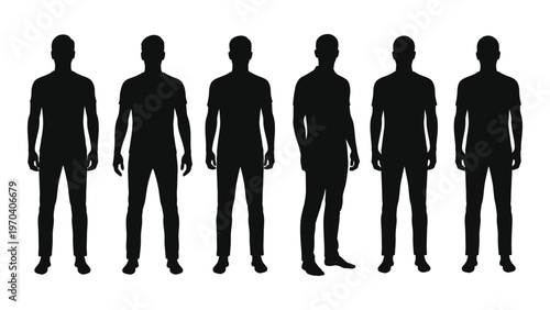 A row of six silhouetted men standing in various poses against a white background