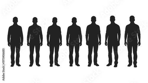 A series of black silhouettes depicting men of varying body types and heights