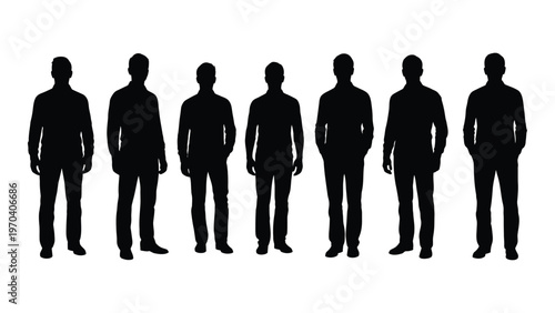 A series of seven silhouetted men standing in a row facing forward