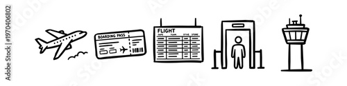 Set of hand-drawn airport and air travel doodle icons including airplane, boarding pass, flight board, security scanner, and control tower. Minimalist black line art vector for travel design.