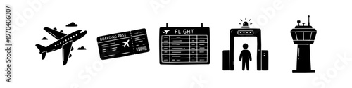 Hand-drawn air travel and airport icons set featuring airplane, boarding pass, flight board, security check, and control tower. Minimalist doodle style illustration on a white background.