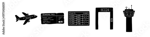 Hand-drawn airport and aviation icons set including airplane, boarding pass, flight board, security gate, and control tower. Black doodle style travel elements on white background.