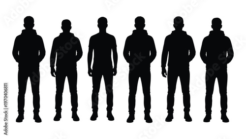 Silhouettes of six men standing in a row facing forward