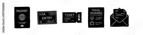 Hand-drawn black silhouette icons of travel documents: passport, visa, flight ticket, insurance, and an envelope. Minimalist doodle style illustration for vacation and tourism planning themes.