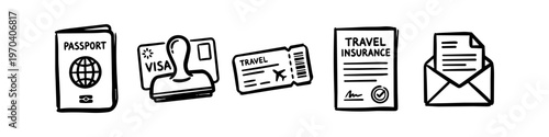 Set of hand-drawn travel document icons including passport, visa, ticket, insurance, and letter. Perfect for travel planning, vacation preparation, and tourism concepts in a doodle style.