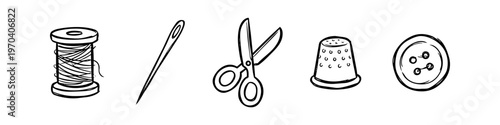 Hand-drawn sewing and tailoring tool icons including thread spool, needle, scissors, thimble, and button. Minimalist black and white doodle style illustrations on white background.