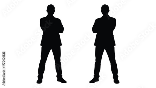 Two silhouetted men stand with arms crossed facing the viewer in a formal pose