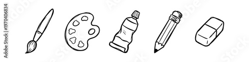 Set of hand-drawn art supply icons including paintbrush, palette, paint tube, pencil, and eraser. Minimalist black and white doodle illustrations for creative and educational projects.