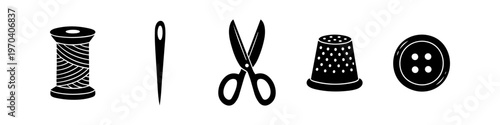 Vector silhouette icons of essential sewing tools including a thread spool, needle, scissors, thimble, and button, isolated on a white background for tailoring and craft design projects.