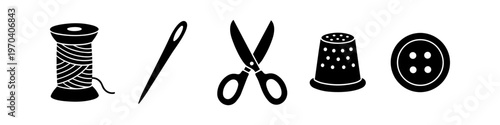 Set of black silhouette icons for sewing and tailoring featuring a thread spool, needle, scissors, thimble, and button isolated on a white background.