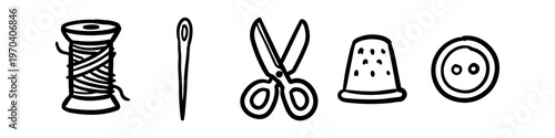 Hand-drawn sewing tools icons set featuring a thread spool, needle, scissors, thimble, and button. Minimalist black and white doodle style for craft, tailoring, and hobby design projects.