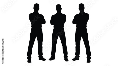 Three men stand with arms crossed depicted as black silhouettes against a white background