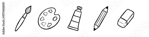 A hand-drawn set of art supplies icons: paintbrush, palette, paint tube, pencil, and eraser in a black and white line art style. Perfect for educational and creative design projects.