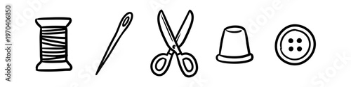 Set of hand-drawn sewing icons featuring a thread spool, needle, scissors, thimble, and button. Minimalist black and white doodle style isolated on white for craft, fashion, and DIY projects.