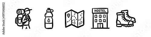 Set of hand-drawn backpacking and travel icons including a hiker, water bottle, map, hostel building, and hiking boots. Ideal for travel blogs, outdoor adventure guides, and nomad lifestyle designs.