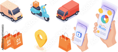 Delivery and Logistics Icon Set with Delivery Vehicles, Location, Shopping Bags, and Mobile Tracking App in 3D Style