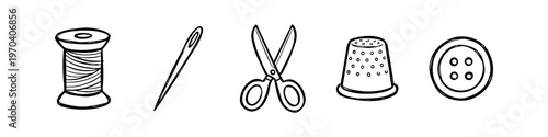 Hand-drawn sewing tools icons set featuring a spool of thread, needle, scissors, thimble, and button. Minimalist black line art doodle for tailor, craft, and DIY projects.