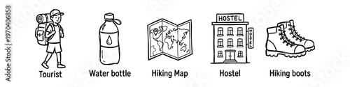 Set of hand-drawn black and white travel icons featuring a backpacker, water bottle, world map, hostel, and hiking boots. Perfect for adventure and tourism themed designs.