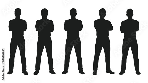 Five male silhouettes stand with arms crossed depicted in a stark black and white style
