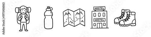 Set of hand-drawn backpacking and hiking doodles. Includes a backpacker, water bottle, mountain map, hostel building, and hiking boots in a simple black outline style.