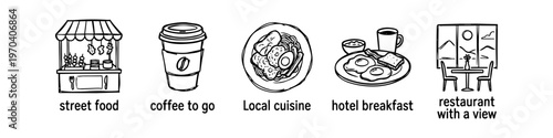 Set of hand-drawn icons illustrating various dining experiences: street food, coffee to go, local cuisine, hotel breakfast, and a restaurant with a view.