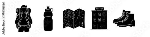 Set of black hand-drawn travel and hiking icons on white background: backpacker, water bottle, topographic map, hostel building, and hiking boots. Perfect for outdoor adventure design.