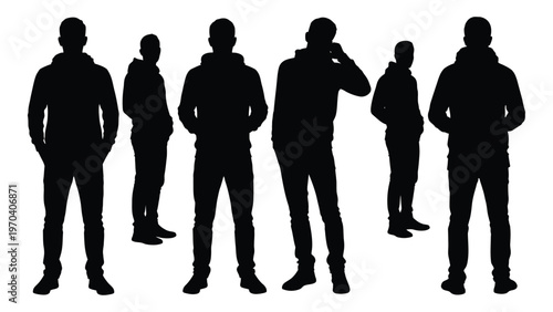 A group of six men stand in silhouette facing forward with varying poses