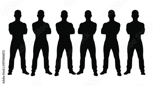 A row of six silhouetted men standing with arms crossed facing forward