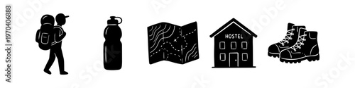 Hand-drawn black and white hiking and backpacking icons featuring a hiker, water bottle, map, hostel, and boots. Ideal for outdoor adventure, trekking, and budget travel themes.
