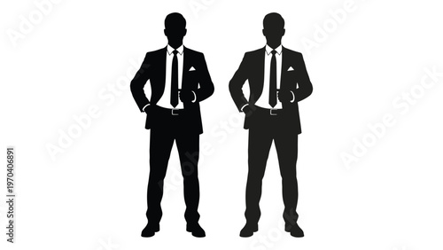 Two silhouetted businessmen in suits stand facing forward with hands on hips