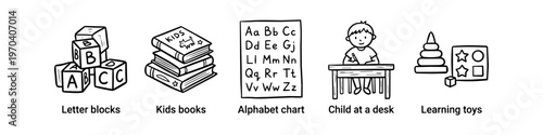 Hand-drawn collection of early education icons featuring letter blocks, books, alphabet chart, child studying, and learning toys. Perfect for literacy and preschool themed designs.