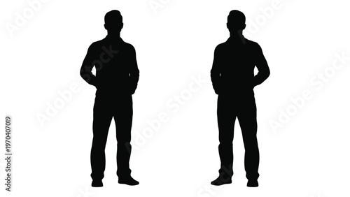 Two silhouetted figures stand facing forward with hands on their hips