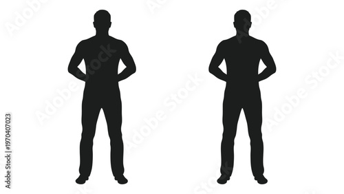 Two male silhouettes stand facing forward with hands on hips against a white background