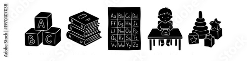 Collection of black silhouette icons for early education, including ABC blocks, books, alphabet chart, child reading at a desk, and toys. Minimalist design for school and learning concepts.