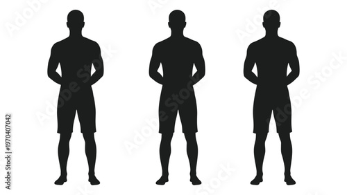Three male silhouettes stand side by side showcasing varying body types and muscular builds