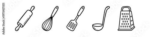 Set of hand-drawn kitchen utensil icons featuring a rolling pin, whisk, spatula, ladle, and grater. Minimalist black line art vector illustration for cooking, baking, and culinary projects.